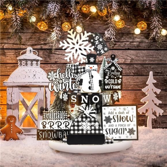 Christmas Tiered Tray Winter Decorations Set (Black and White Plaid) - Picture 4 of 6
